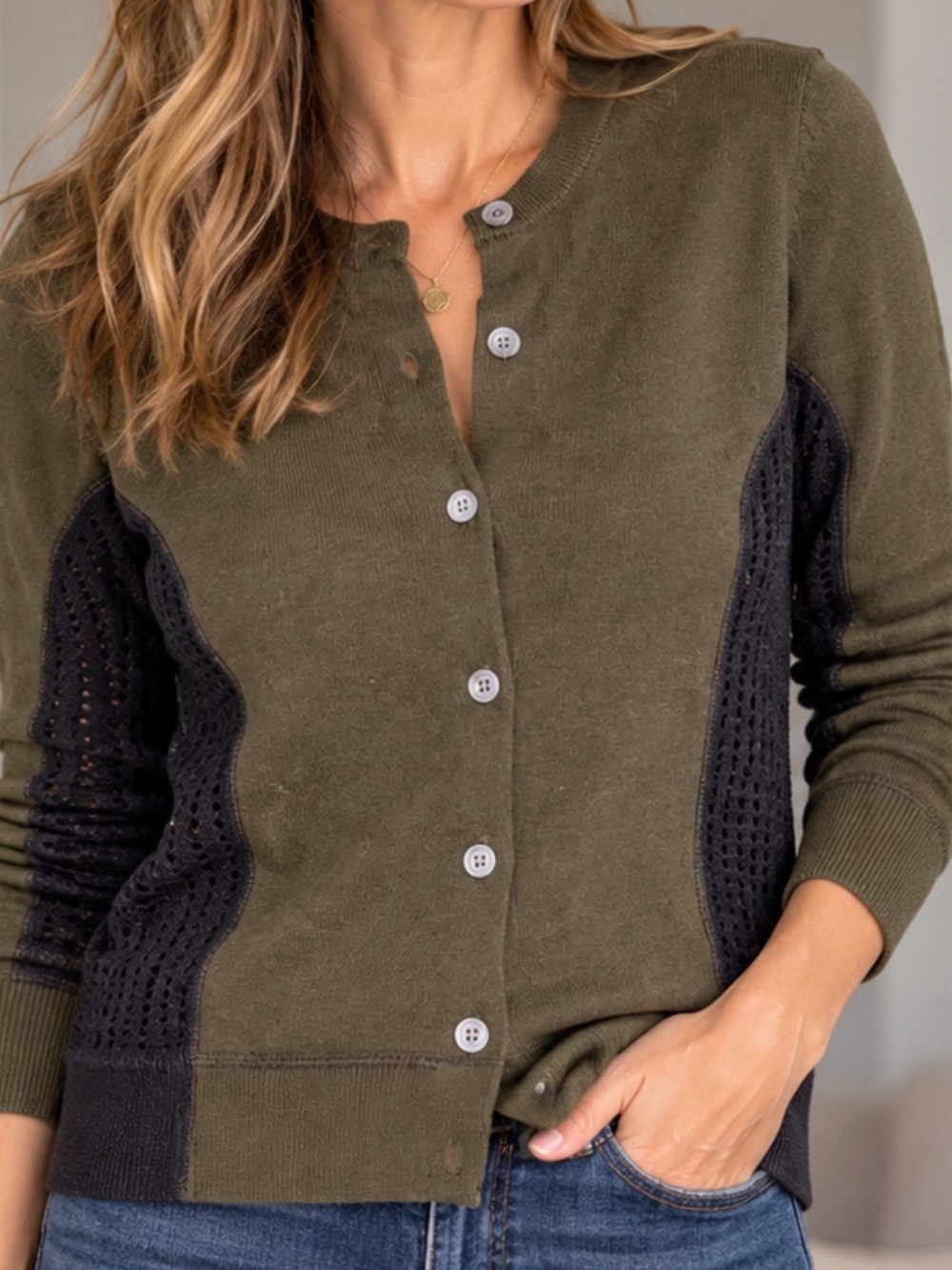Marc Jacobs Olive & Black Contrast-Panel Button Cardigan